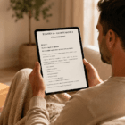 Mężczyzna siedzący na kanapie czyta ebook „Reset układu nerwowego – 21 dni” na tablecie w przytulnym, jasnym salonie z kubkiem kawy i ciepłym światłem.