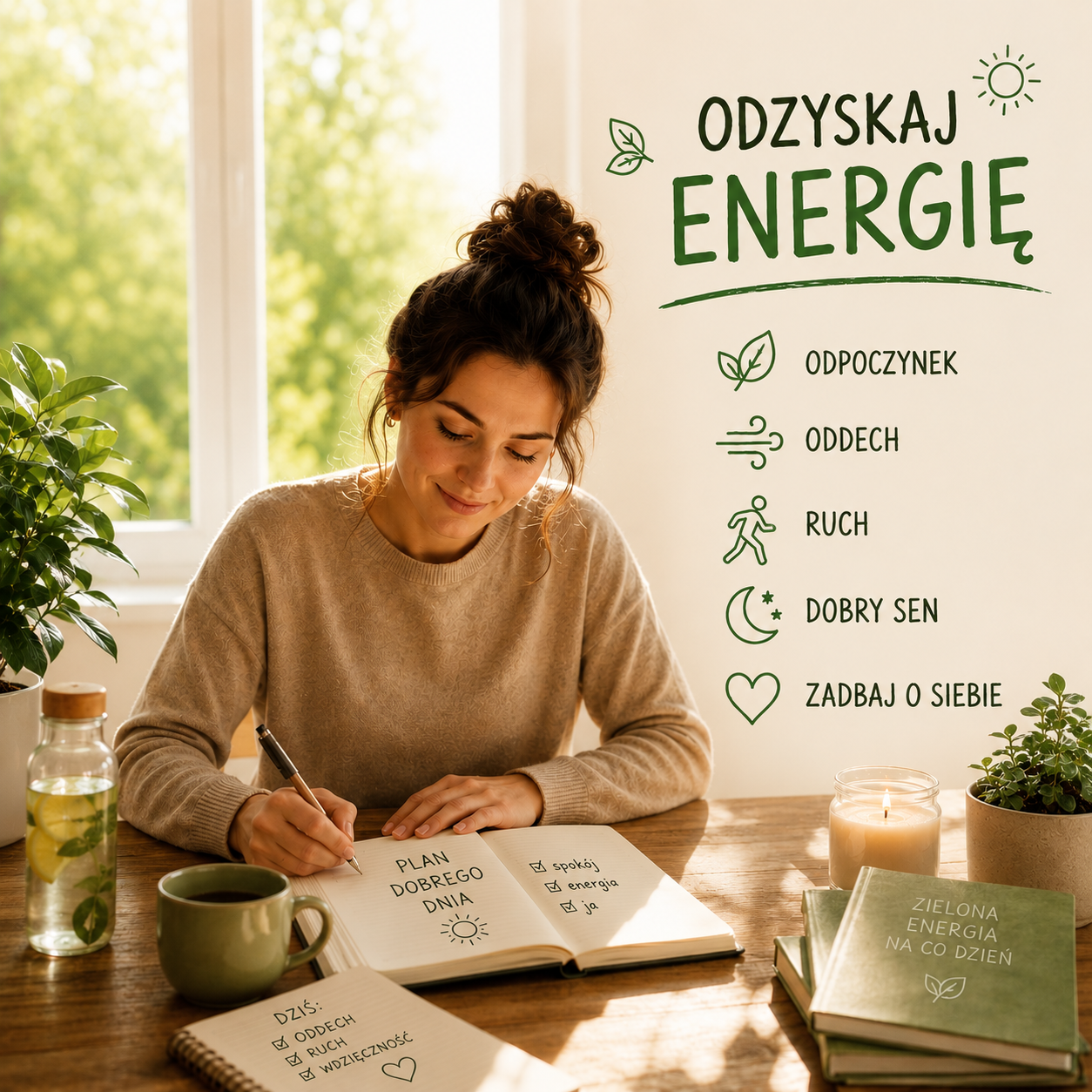 Spokojna kobieta siedząca przy uporządkowanym biurku w jasnym wnętrzu. Obok znajduje się lista: odpoczynek, oddech, ruch, dobry sen i zadbaj o siebie, symbolizująca odzyskiwanie energii i równowagi.