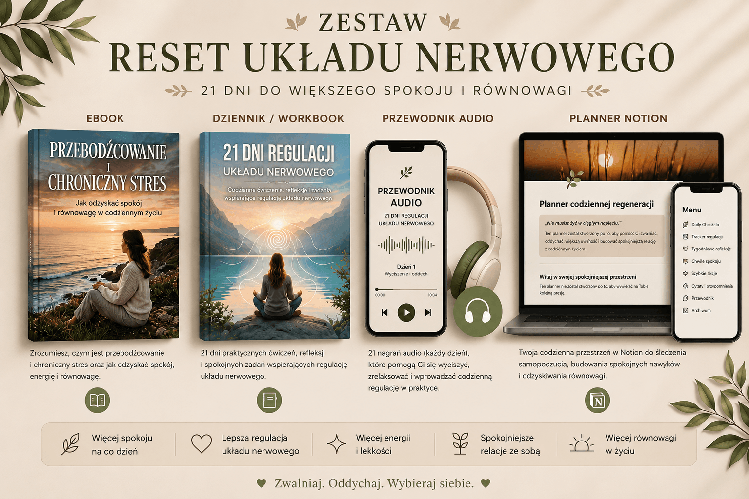 Grafika przedstawiająca zestaw „Reset układu nerwowego – 21 dni”, zawierający ebook, workbook, przewodnik audio oraz planner Notion wspierające regulację układu nerwowego i redukcję stresu