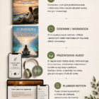 Infografika przedstawiająca zestaw „Reset układu nerwowego – 21 dni”, obejmujący ebook, workbook, przewodnik audio oraz planner Notion wspierające redukcję stresu i regulację układu nerwowego.