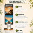 Infografika przedstawiająca zestaw „Reset układu nerwowego – 21 dni”, obejmujący ebook, workbook, przewodnik audio oraz planner Notion wspierające redukcję stresu i regulację układu nerwowego.
