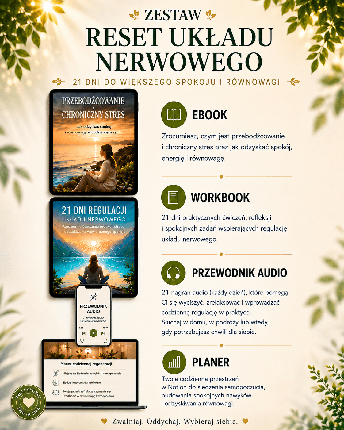 Infografika przedstawiająca zestaw „Reset układu nerwowego – 21 dni”, obejmujący ebook, workbook, przewodnik audio oraz planner Notion wspierające redukcję stresu i regulację układu nerwowego.