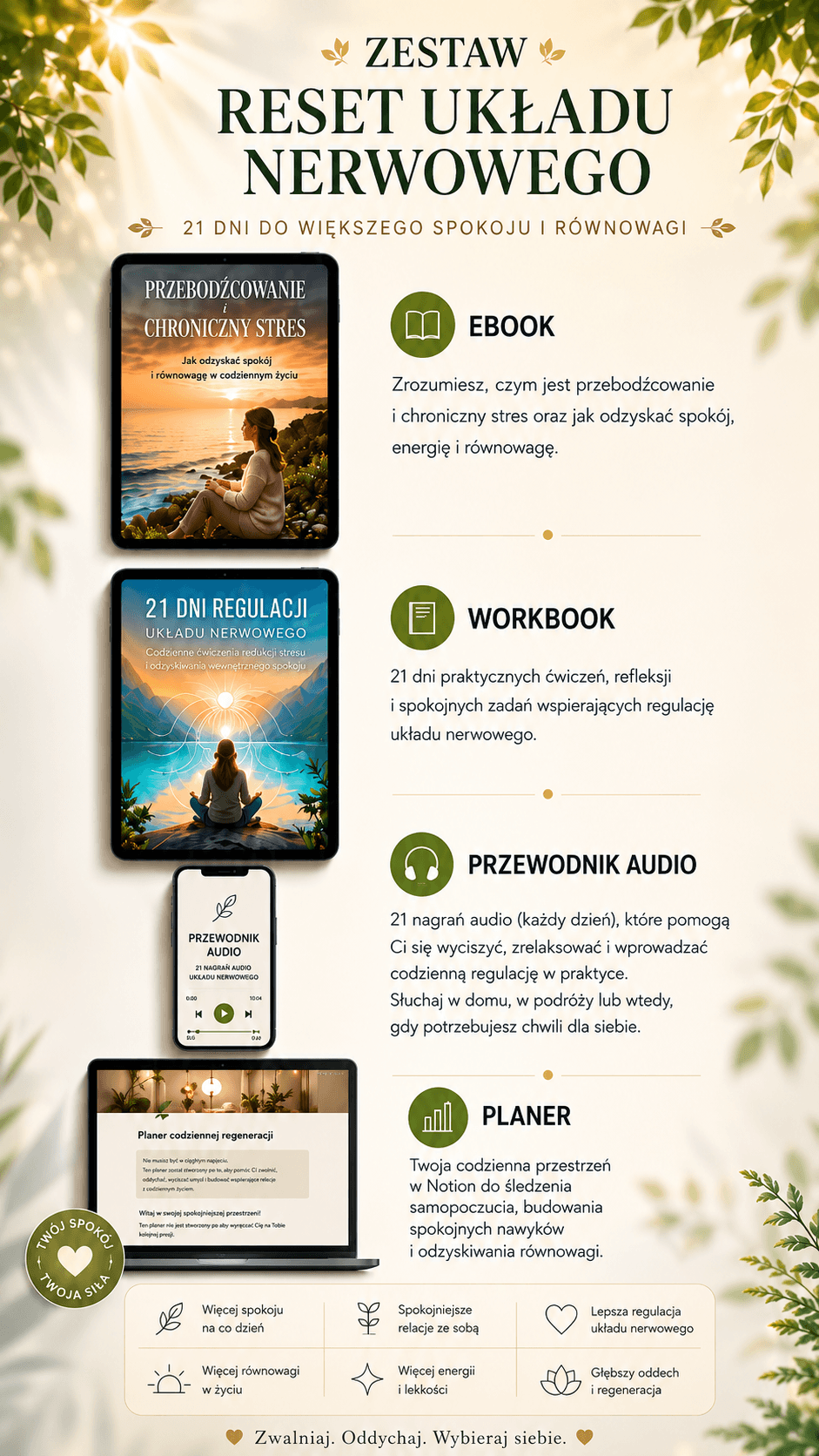 Infografika przedstawiająca zestaw „Reset układu nerwowego – 21 dni”, obejmujący ebook, workbook, przewodnik audio oraz planner Notion wspierające redukcję stresu i regulację układu nerwowego.