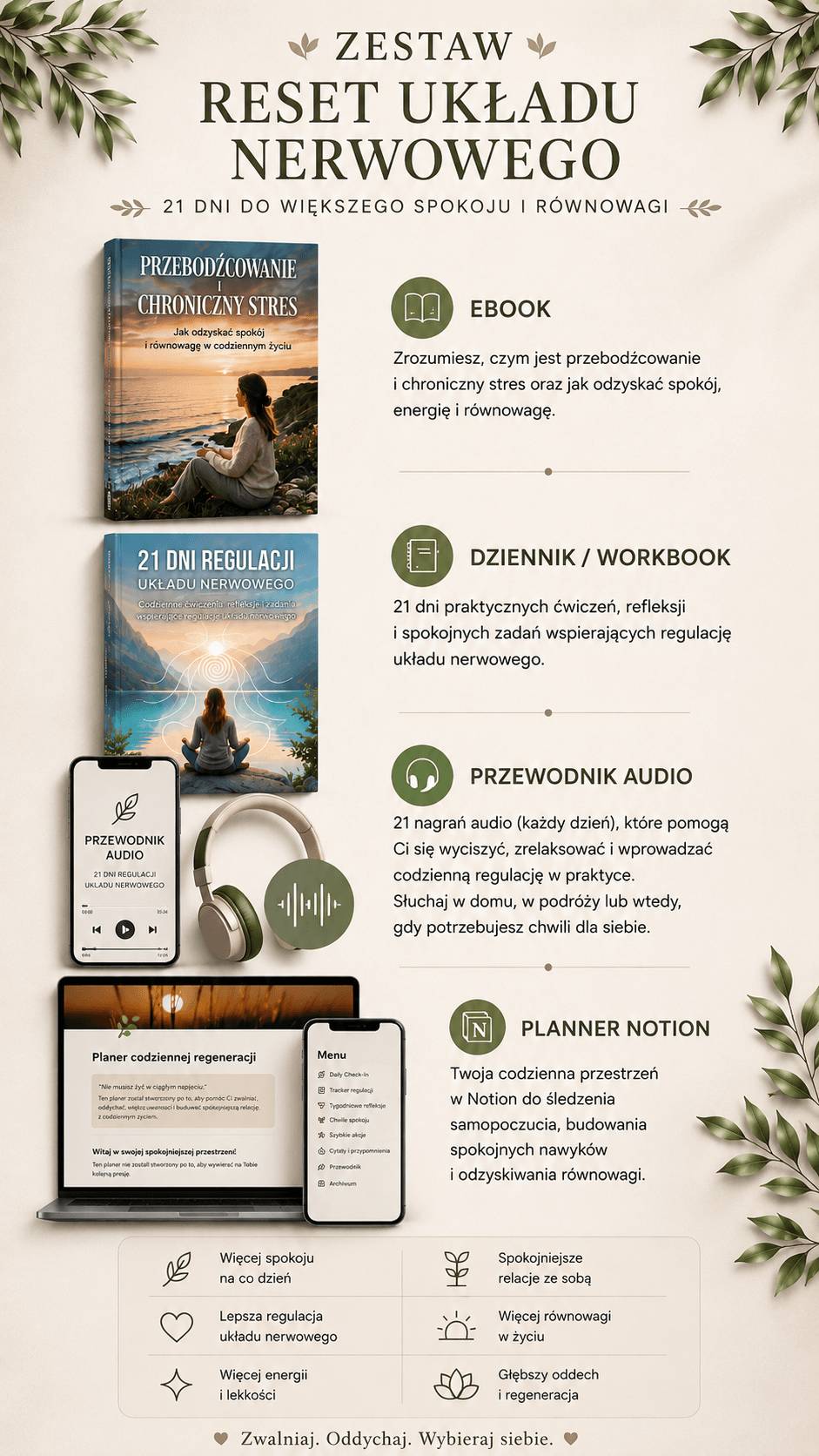 Infografika przedstawiająca zestaw „Reset układu nerwowego – 21 dni”, obejmujący ebook, workbook, przewodnik audio oraz planner Notion wspierające redukcję stresu i regulację układu nerwowego.