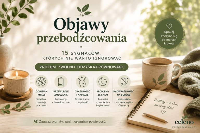 Grafika przedstawiająca artykuł o objawach przebodźcowania z ilustracją spokojnego wnętrza, filiżanką herbaty, notesem oraz listą najczęstszych objawów przeciążenia układu nerwowego.