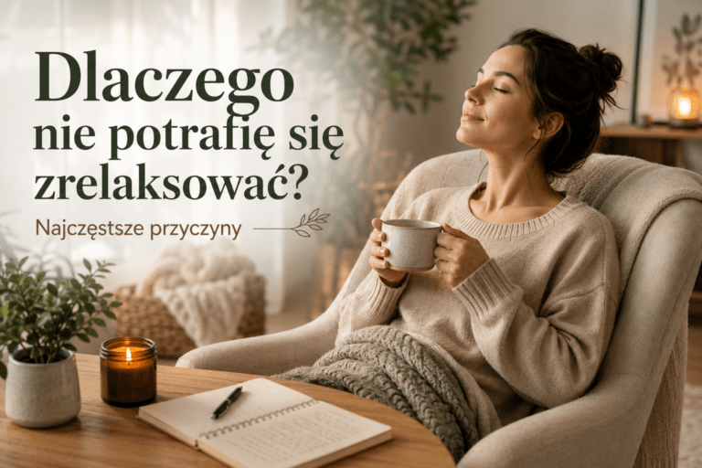 Kobieta siedzi wygodnie w jasnym fotelu z zamkniętymi oczami, trzymając w dłoniach kubek ciepłego napoju. W przytulnym wnętrzu znajdują się rośliny, zapalona świeca oraz notes na drewnianym stoliku. Grafika ilustruje temat trudności z relaksem, przewlekłego stresu i poszukiwania wewnętrznego spokoju.