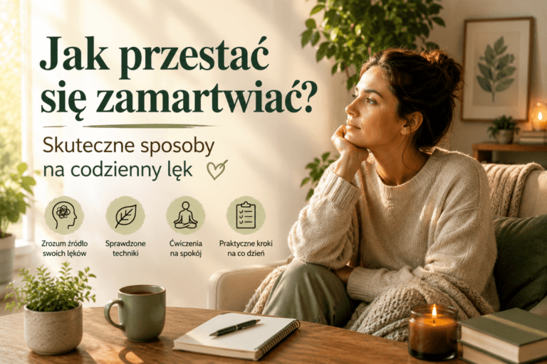 Kobieta siedzi w jasnym, przytulnym salonie i zamyślona patrzy przez okno, opierając głowę na dłoni. Na stole znajduje się kubek, notes oraz świeca, a obok widoczne są zielone rośliny. Na grafice umieszczono tytuł artykułu „Jak przestać się zamartwiać? Skuteczne sposoby na codzienny lęk”, symbolizujący sposoby radzenia sobie z nadmiernym zamartwianiem i stresem.