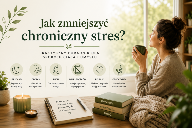 Kobieta siedzi przy oknie z kubkiem herbaty w dłoniach i spokojnie odpoczywa. Obok znajdują się rośliny, notes oraz ilustracje przedstawiające najważniejsze sposoby na zmniejszenie chronicznego stresu i wsparcie regeneracji układu nerwowego.