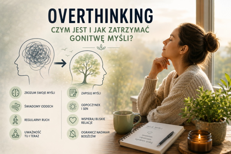 Kobieta siedzi przy oknie z zamkniętymi oczami, spokojnie oddychając. Obok znajduje się kubek herbaty, notes i roślina, a po lewej stronie grafika przedstawia przejście od chaotycznych myśli do uporządkowanego umysłu wraz z najważniejszymi sposobami radzenia sobie z overthinkingiem.