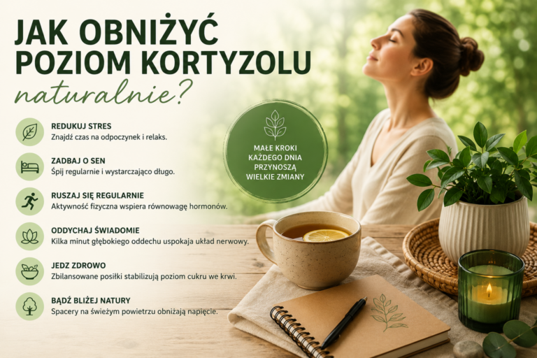 Infografika przedstawiająca spokojną kobietę z zamkniętymi oczami wykonującą ćwiczenie oddechowe na tle zielonej, naturalnej scenerii. Na drewnianym stole znajdują się filiżanka herbaty z cytryną, notes, świeca oraz roślina doniczkowa. Po lewej stronie umieszczono listę naturalnych sposobów wspierających regulację poziomu kortyzolu, takich jak redukcja stresu, odpowiednia ilość snu, regularna aktywność fizyczna, świadomy oddech, zdrowa dieta oraz kontakt z naturą.
