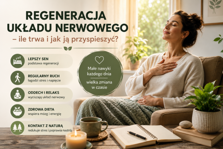 Kobieta siedzi w jasnym, przytulnym wnętrzu z zamkniętymi oczami i spokojnym wyrazem twarzy, trzymając dłoń na klatce piersiowej. W otoczeniu znajdują się rośliny doniczkowe, filiżanka herbaty, świeca oraz otwarty notes. Po lewej stronie grafiki umieszczono najważniejsze elementy wspierające regenerację układu nerwowego, takie jak zdrowy sen, regularny ruch, świadomy oddech, zdrowa dieta i kontakt z naturą.
