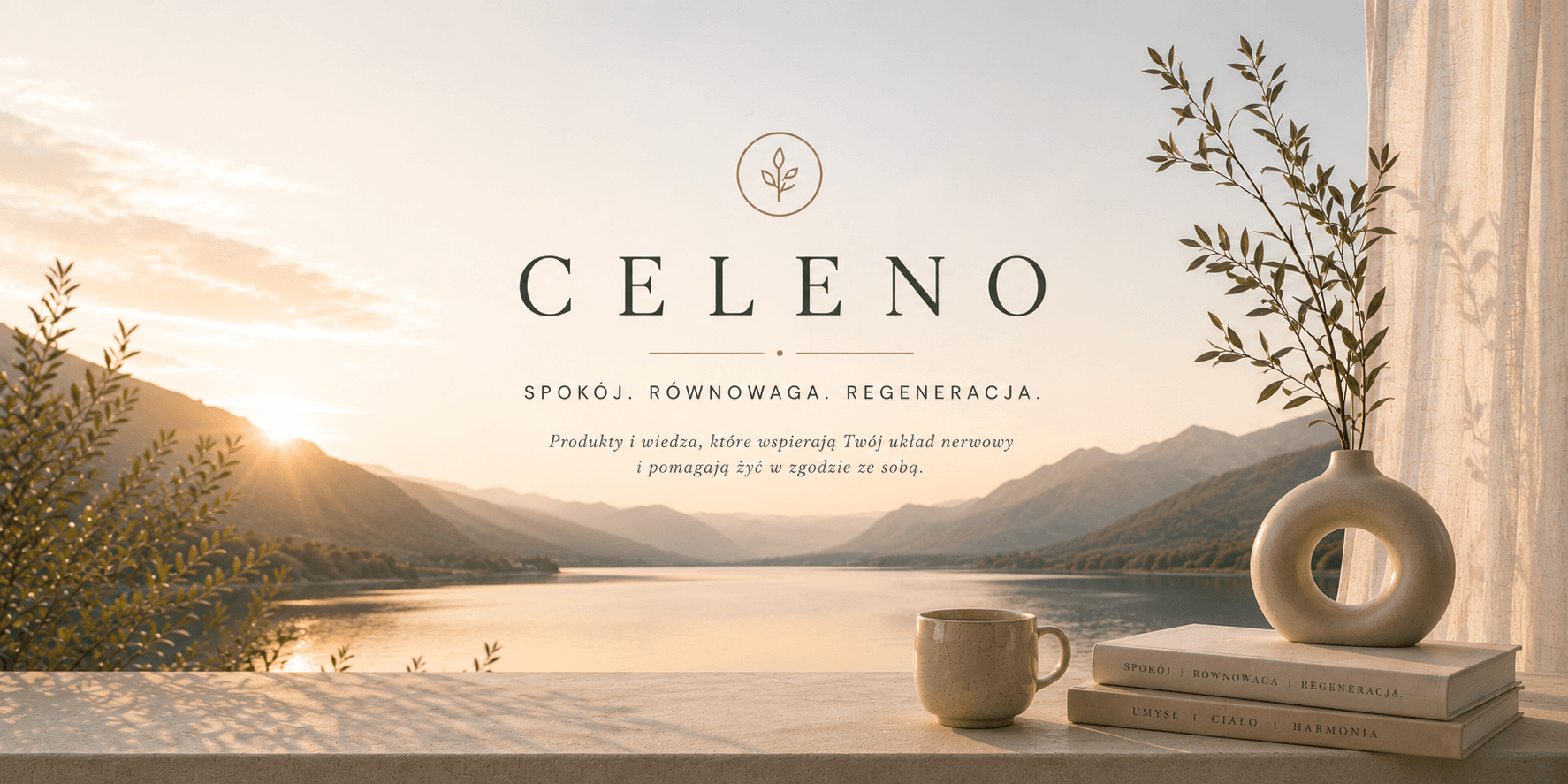 Minimalistyczna grafika marki Celeno przedstawiająca spokojne jezioro otoczone górami o zachodzie słońca. Na pierwszym planie znajduje się filiżanka, książki i ceramiczny wazon. Grafika symbolizuje spokój, równowagę i regenerację układu nerwowego.