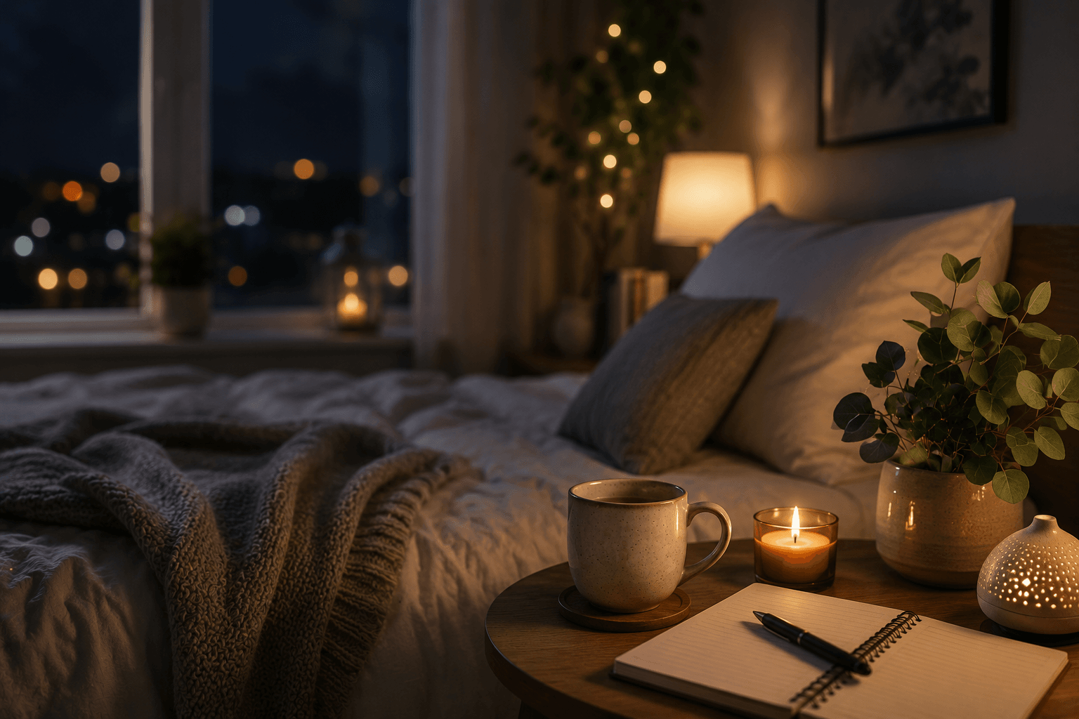 Przytulna sypialnia o zmroku z ciepłym światłem lampki nocnej. Na drewnianym stoliku znajdują się kubek z ciepłym napojem, zapalona świeca, notes z długopisem oraz roślina doniczkowa. Grafika symbolizuje spokojny wieczorny rytuał, wyciszenie umysłu i przygotowanie do snu.