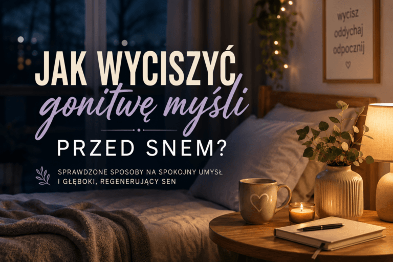 Przytulna sypialnia o zmroku z ciepłym światłem lampki, łóżkiem, kubkiem herbaty, zapaloną świecą i notesem na stoliku nocnym. Na grafice znajduje się tytuł artykułu „Jak wyciszyć gonitwę myśli przed snem?”, nawiązujący do sposobów na spokojny sen i redukcję stresu.