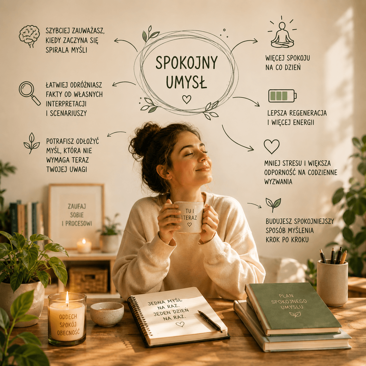 Grafika przedstawiająca spokojną kobietę trzymającą kubek z napisem „TU I TERAZ”, siedzącą przy drewnianym biurku z notesem i książkami. Wokół niej znajdują się hasła dotyczące spokojniejszego umysłu, szybszego zauważania spirali myśli, odróżniania faktów od interpretacji, odkładania niepotrzebnych myśli, większego spokoju, lepszej regeneracji i budowania spokojniejszego sposobu myślenia.