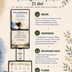 Grafika promująca zestaw „Wycisz gonitwę myśli – 21 dni”, przedstawiająca ebook, workbook, przewodnik audio oraz planer w Notion. Zestaw pomaga lepiej zrozumieć overthinking, ograniczać nadmierne analizowanie, pracować z myślami i budować spokojniejszy sposób myślenia.