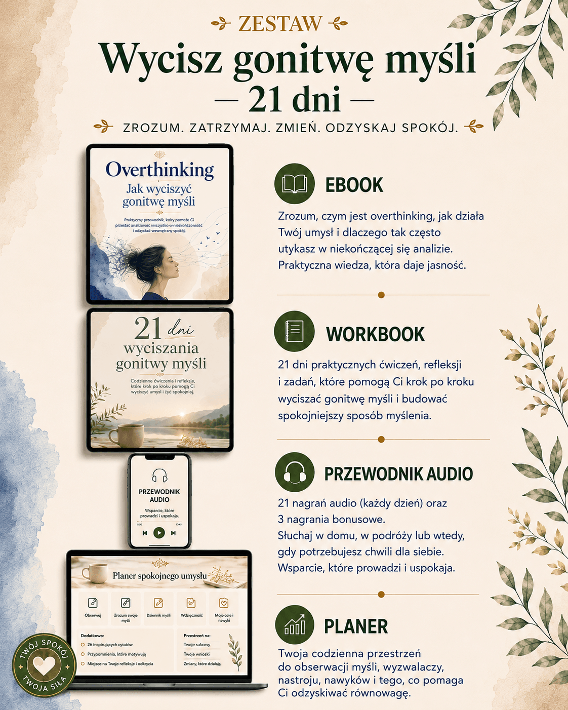 Grafika promująca zestaw „Wycisz gonitwę myśli – 21 dni”, przedstawiająca ebook, workbook, przewodnik audio oraz planer w Notion. Zestaw pomaga lepiej zrozumieć overthinking, ograniczać nadmierne analizowanie, pracować z myślami i budować spokojniejszy sposób myślenia.