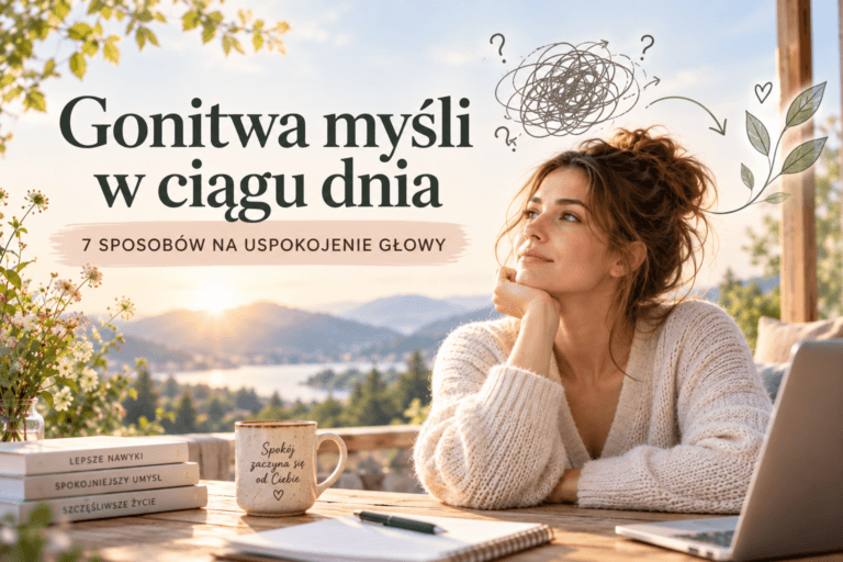 Gonitwa myśli w ciągu dnia – kobieta siedzi przy biurku i patrzy w dal, a nad jej głową przedstawiono chaotyczny kłębek myśli