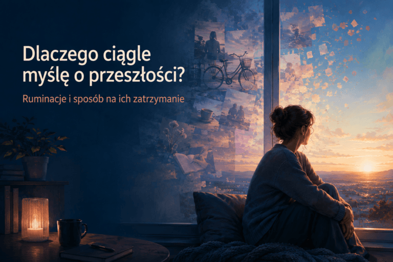 Kobieta patrząca przez okno na rozpraszające się wspomnienia o świcie — ilustracja o ruminacjach i myśleniu o przeszłości.