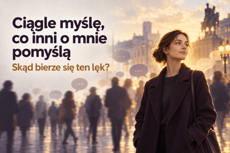 Kobieta na miejskim placu otoczona niewyraźnym tłumem i dymkami symbolizującymi lęk przed opinią innych.