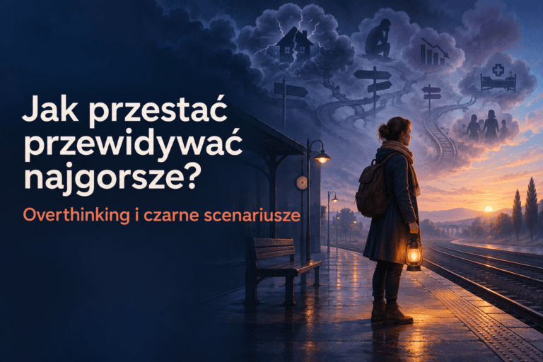 Osoba z lampą na peronie obserwuje wyobrażone czarne scenariusze zanikające w świetle poranka