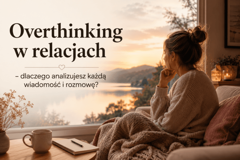 Kobieta siedzi zamyślona na wygodnym fotelu w przytulnym wnętrzu i patrzy przez okno na jezioro oraz góry o zachodzie słońca. Na grafice znajduje się tytuł „Overthinking w relacjach – dlaczego analizujesz każdą wiadomość i rozmowę?”.